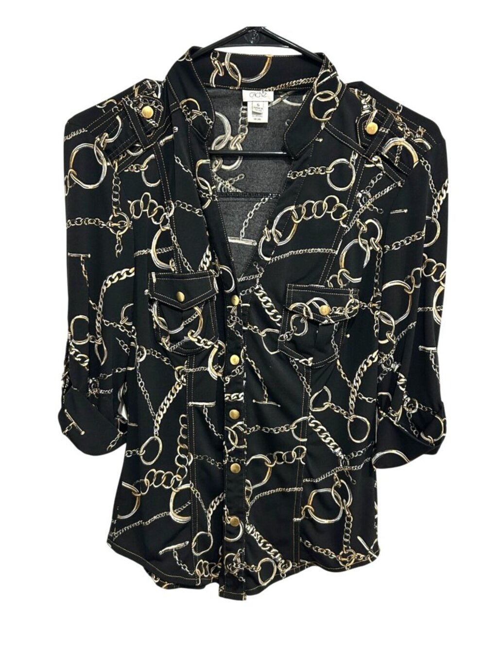 Cache Small Black Chain Print Button Up Blouse Roll Tab Sleeve Old Money Bold